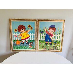Vintage Raggedy Ann and Andy Gardening Wall Hanging Plaques, Set of 2, New Old S